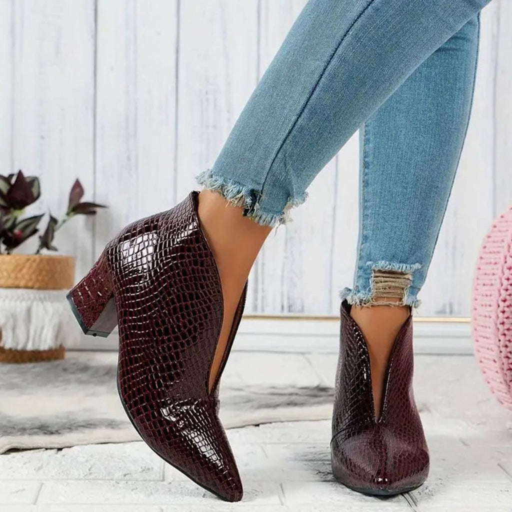 Women's Pointed Toe Reptile Embossed V-Cut Ankle Booties
