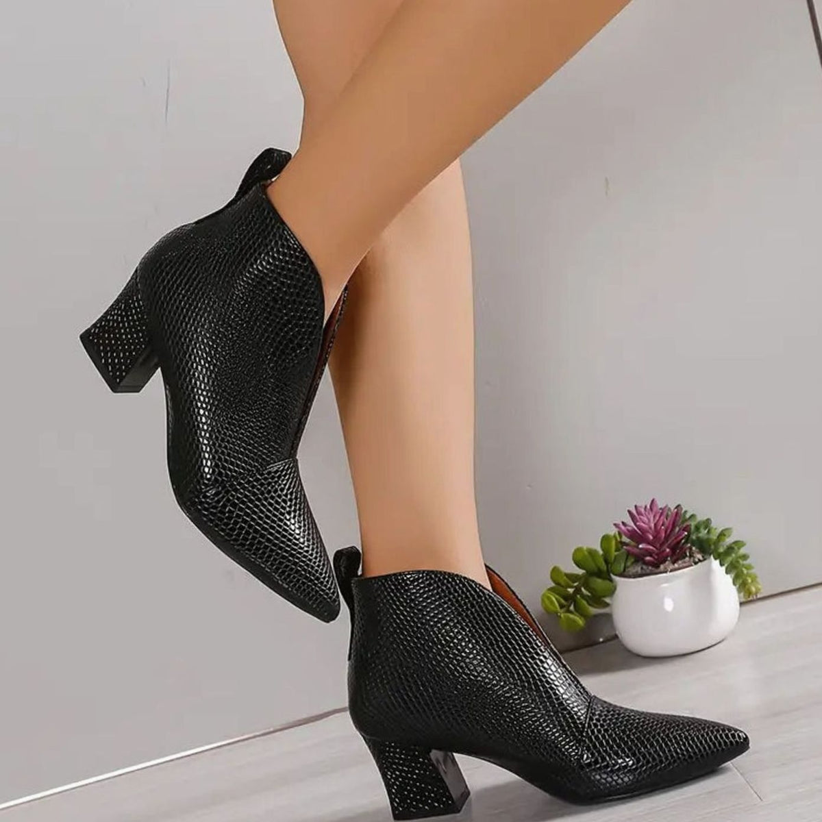 Women's Pointed Toe Reptile Embossed V-Cut Ankle Booties