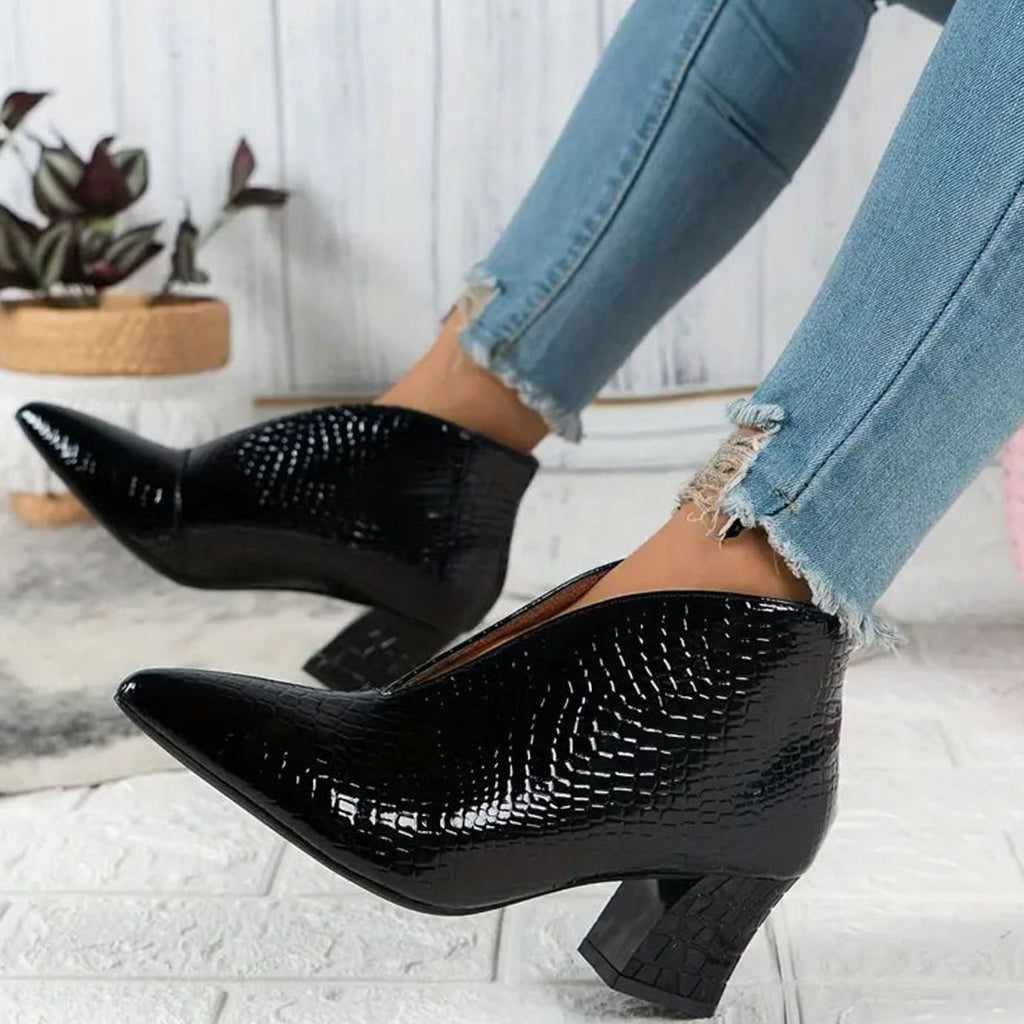 Women's Pointed Toe Reptile Embossed V-Cut Ankle Booties