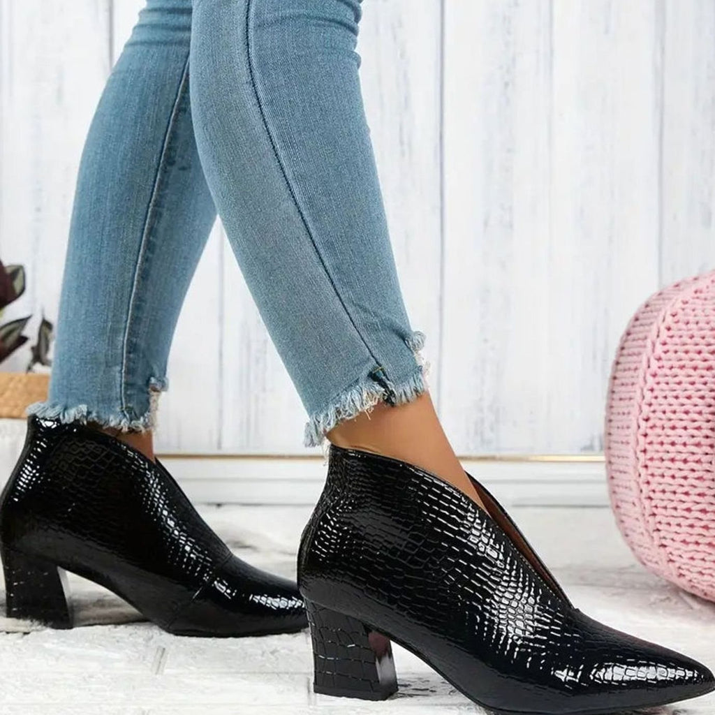 Women's Pointed Toe Reptile Embossed V-Cut Ankle Booties