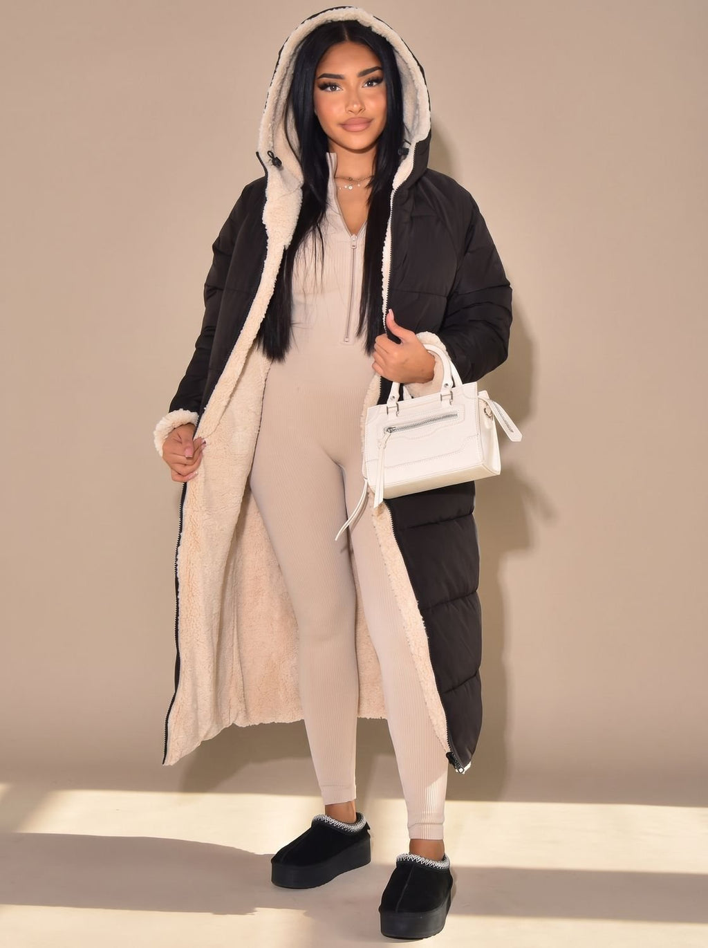 Women's Two-Sided Hooded Quilted and Sherpa Overcoat