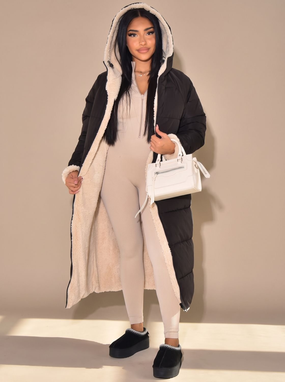 Women's Two-Sided Hooded Quilted and Sherpa Overcoat
