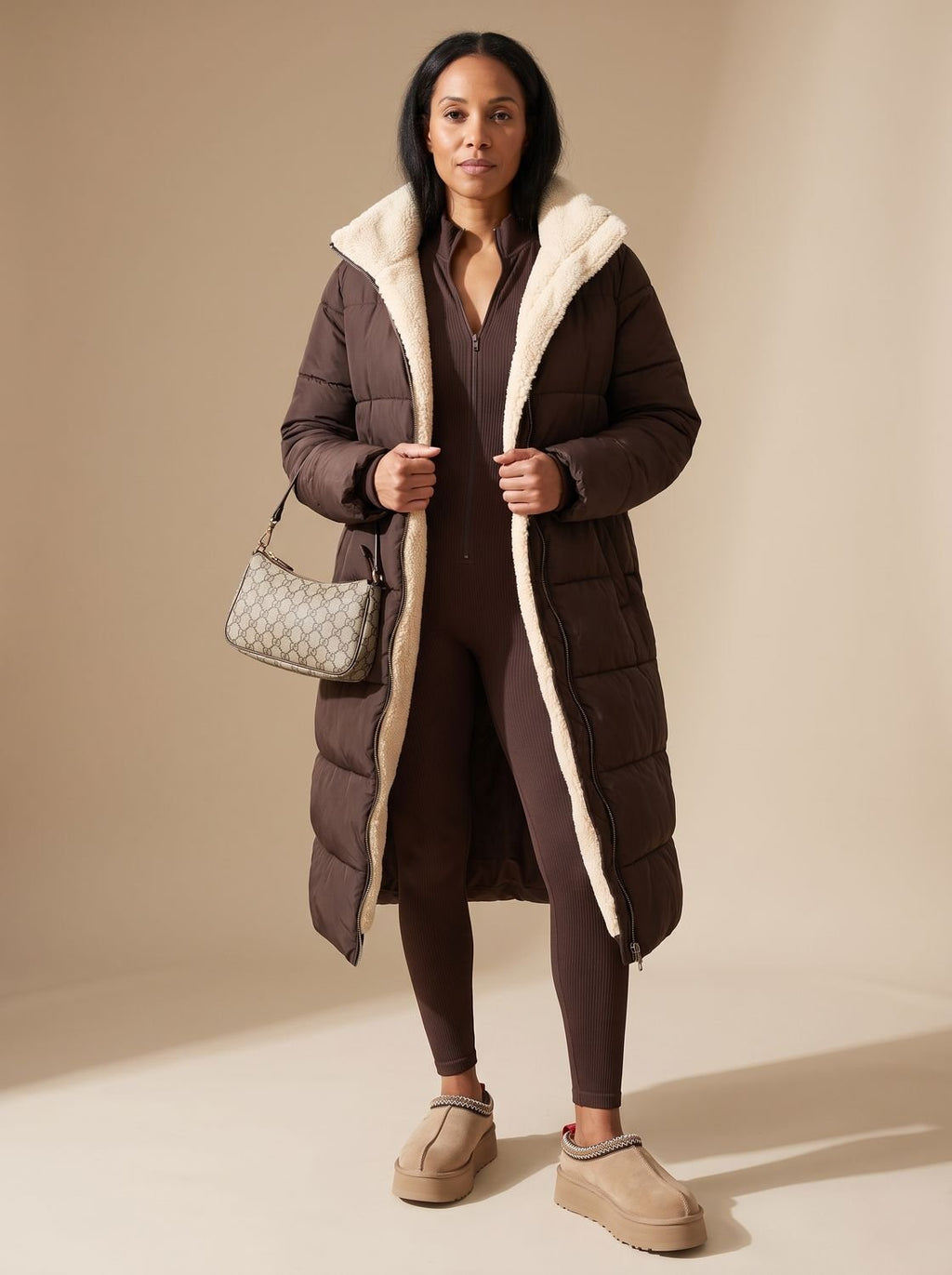 Women's Two-Sided Hooded Quilted and Sherpa Overcoat