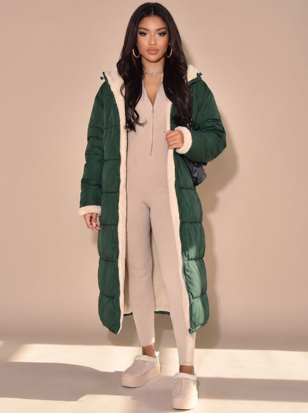 Women's Two-Sided Hooded Quilted and Sherpa Overcoat