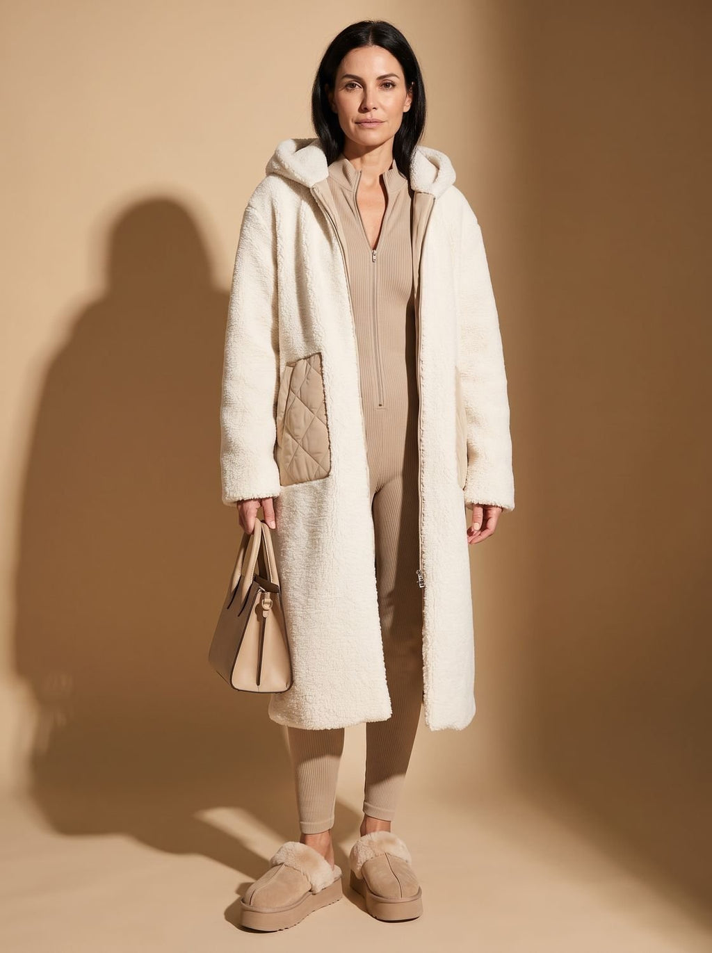 Women's Two-Sided Hooded Quilted and Sherpa Overcoat