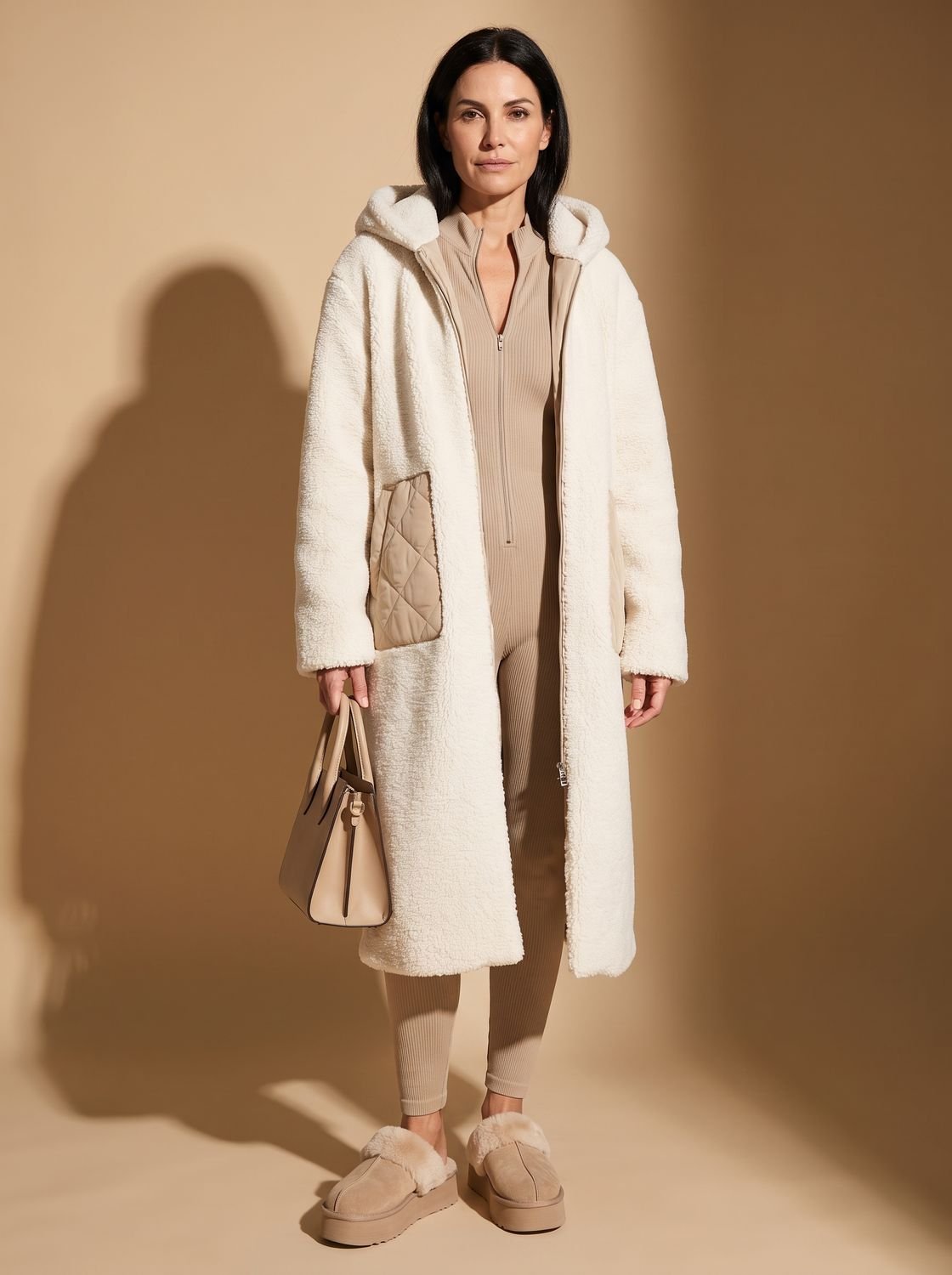 Women's Two-Sided Hooded Quilted and Sherpa Overcoat
