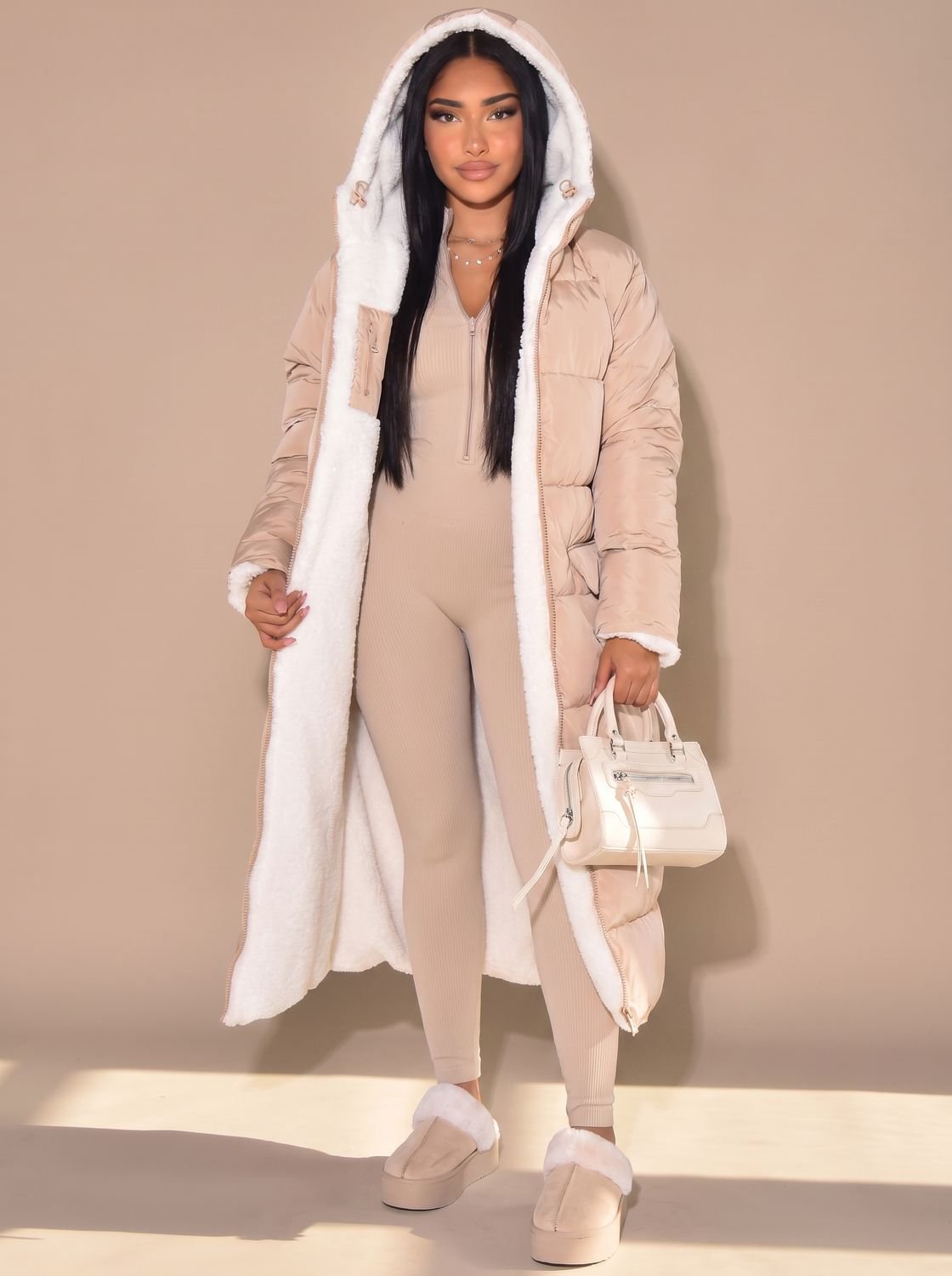 Women's Two-Sided Hooded Quilted and Sherpa Overcoat
