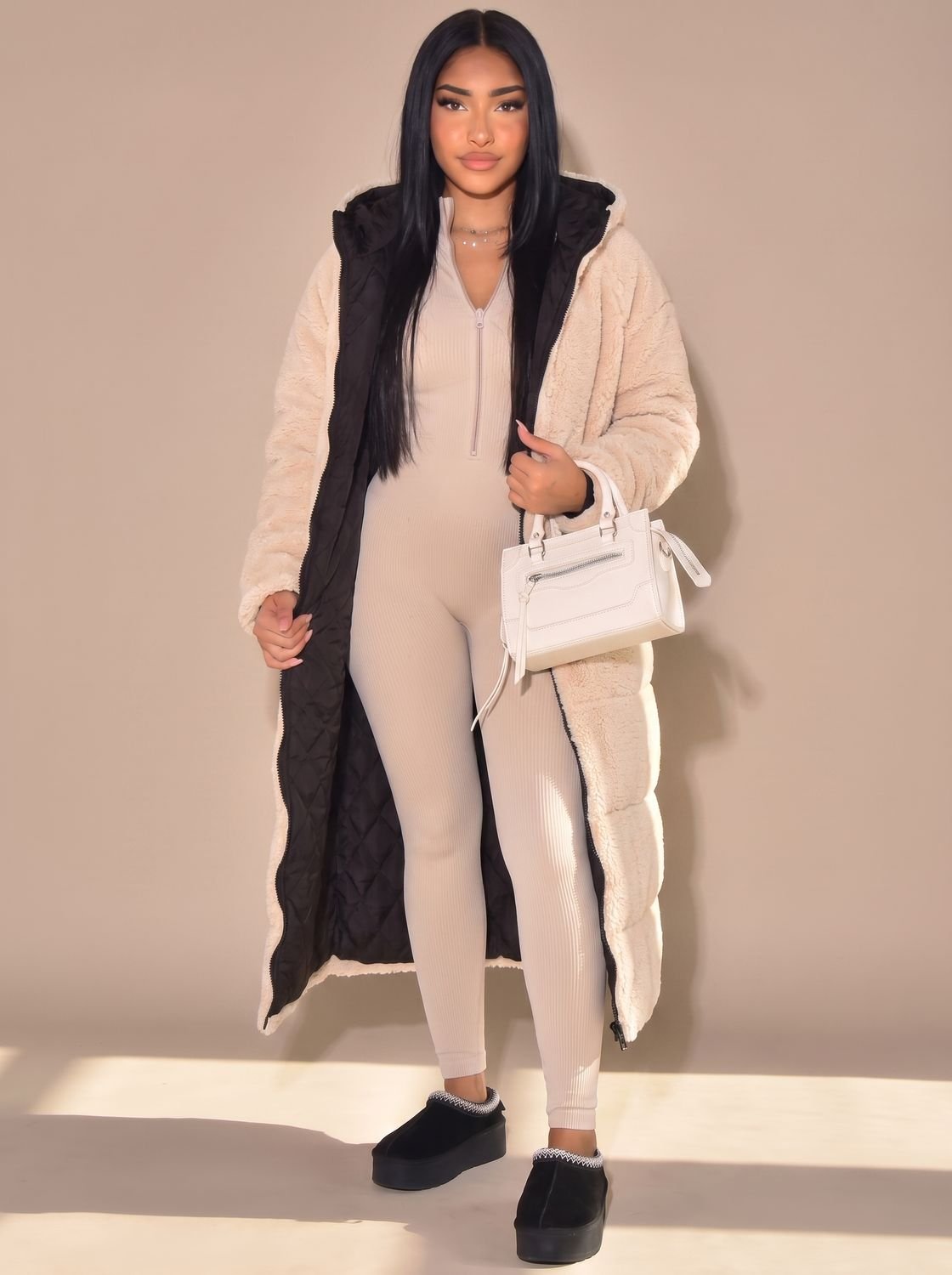 Women's Two-Sided Hooded Quilted and Sherpa Overcoat