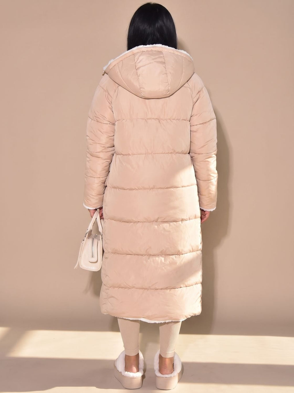 Women's Two-Sided Hooded Quilted and Sherpa Overcoat