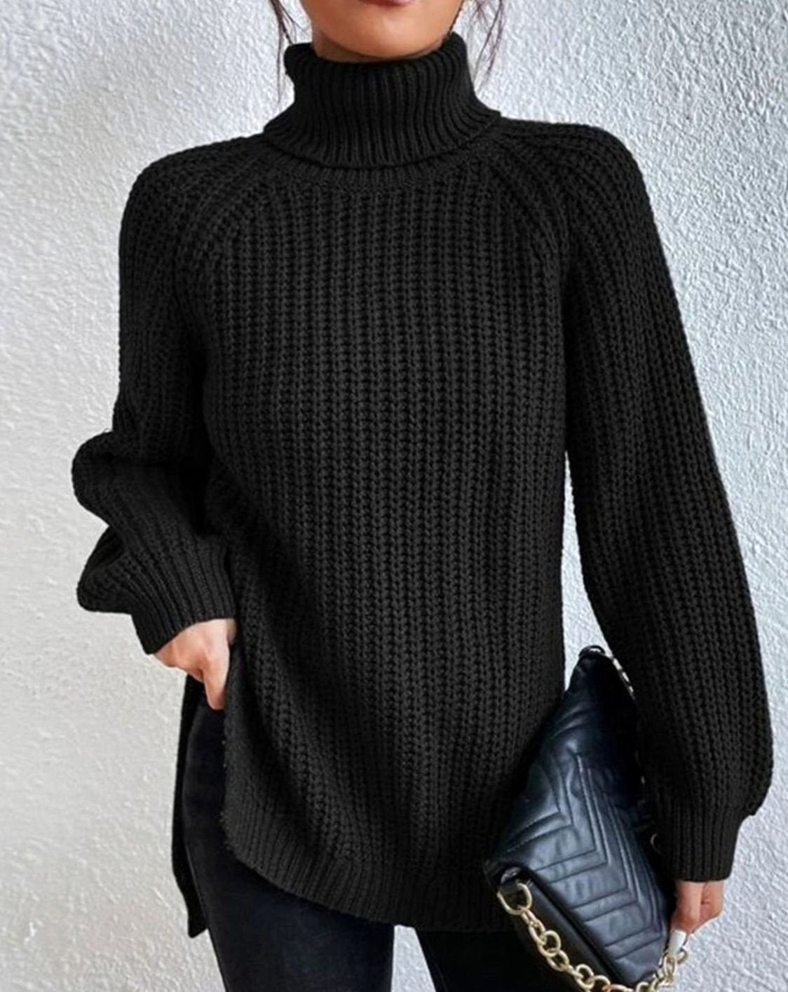 Women's Chunky Waffle-Style Ribbed Turtleneck Knit Sweater