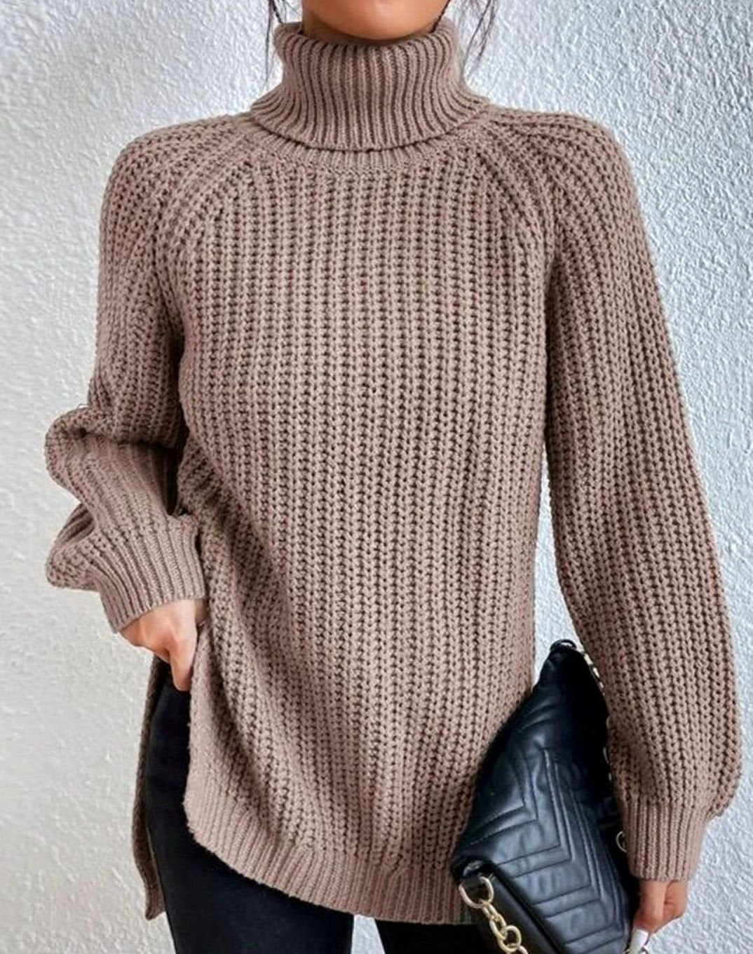 Women's Chunky Waffle-Style Ribbed Turtleneck Knit Sweater