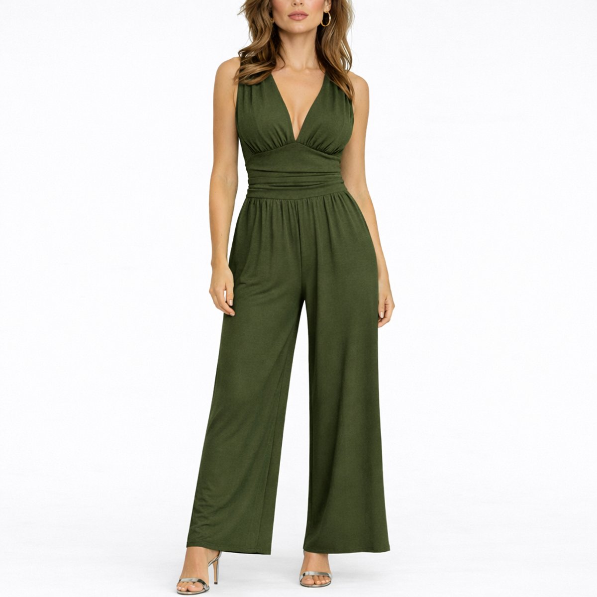 Women's Plunging Deep V Ruched Waist Wide-Leg Jumpsuit