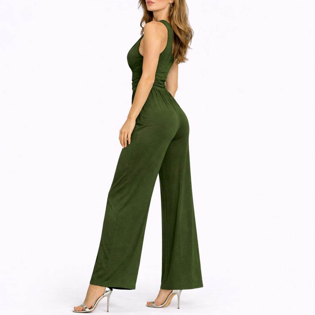 Women's Plunging Deep V Ruched Waist Wide-Leg Jumpsuit