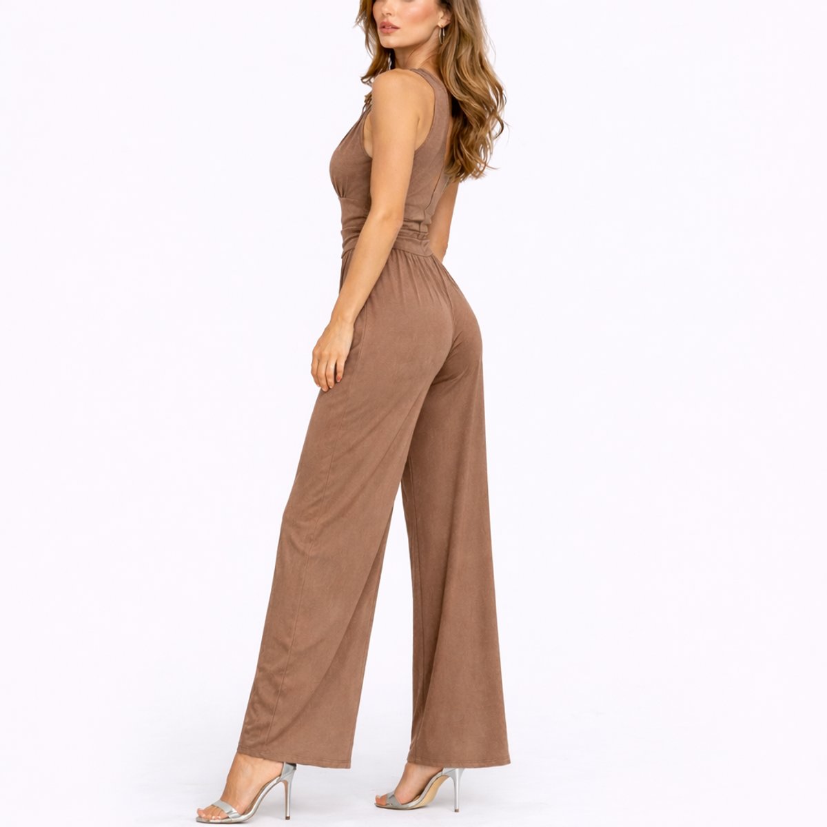 Women's Plunging Deep V Ruched Waist Wide-Leg Jumpsuit