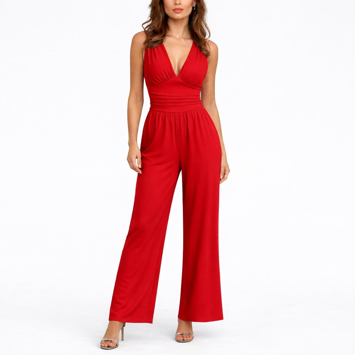 Women's Plunging Deep V Ruched Waist Wide-Leg Jumpsuit