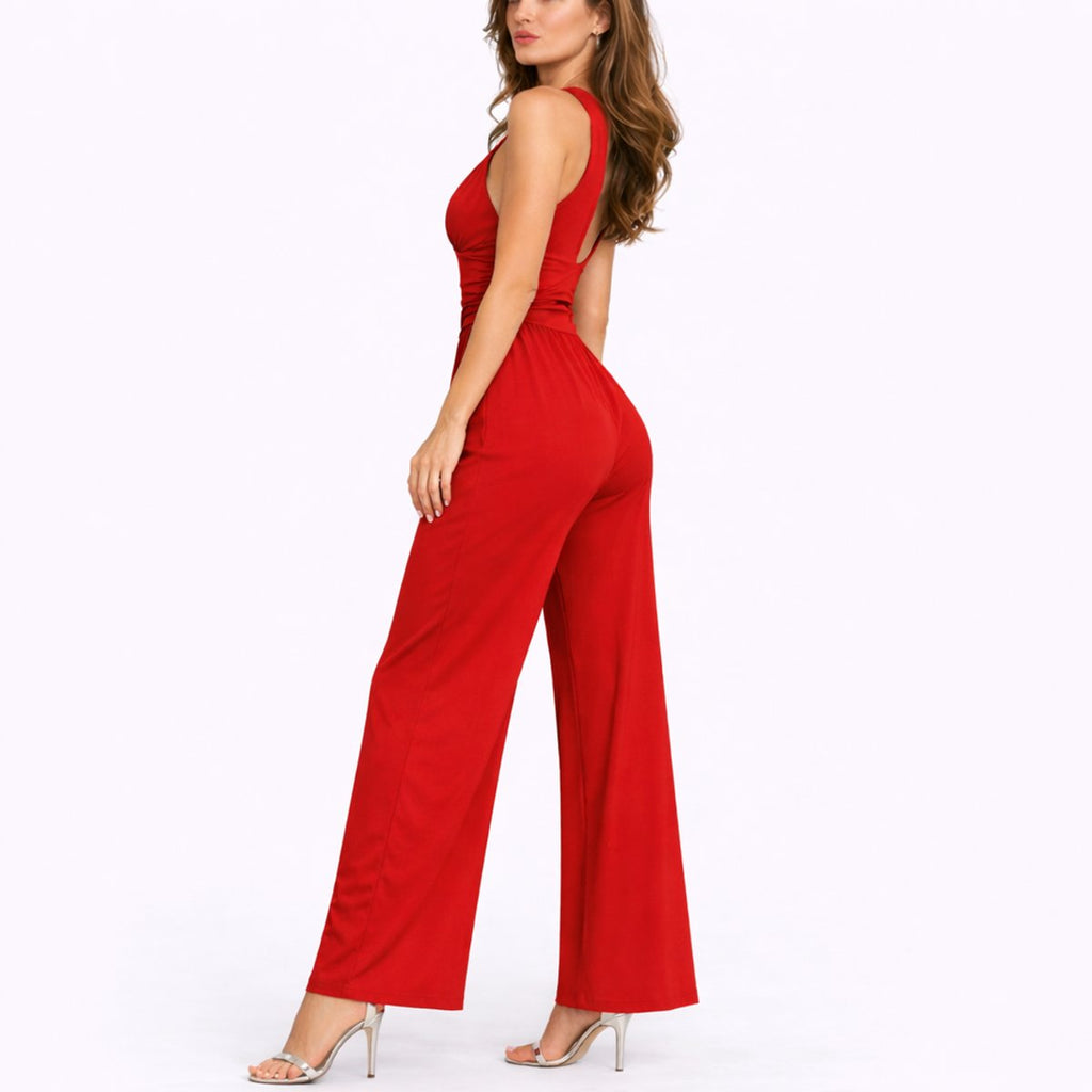 Women's Plunging Deep V Ruched Waist Wide-Leg Jumpsuit