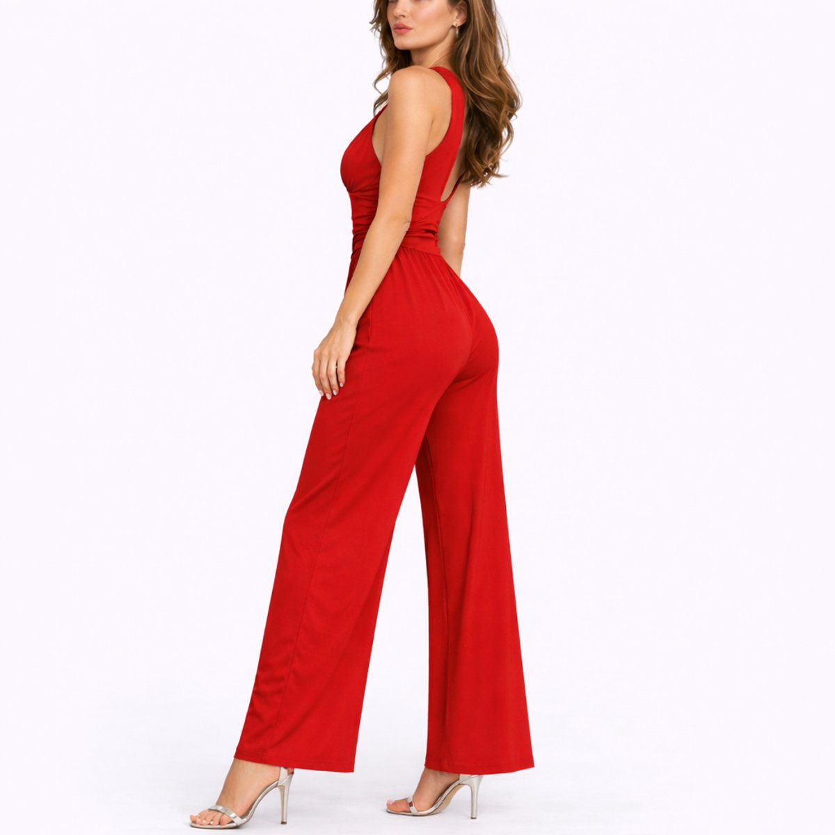 Women's Plunging Deep V Ruched Waist Wide-Leg Jumpsuit