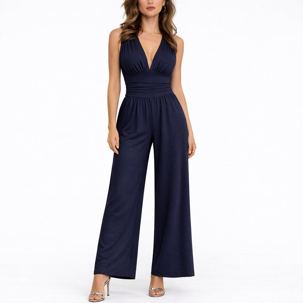 Women's Plunging Deep V Ruched Waist Wide-Leg Jumpsuit