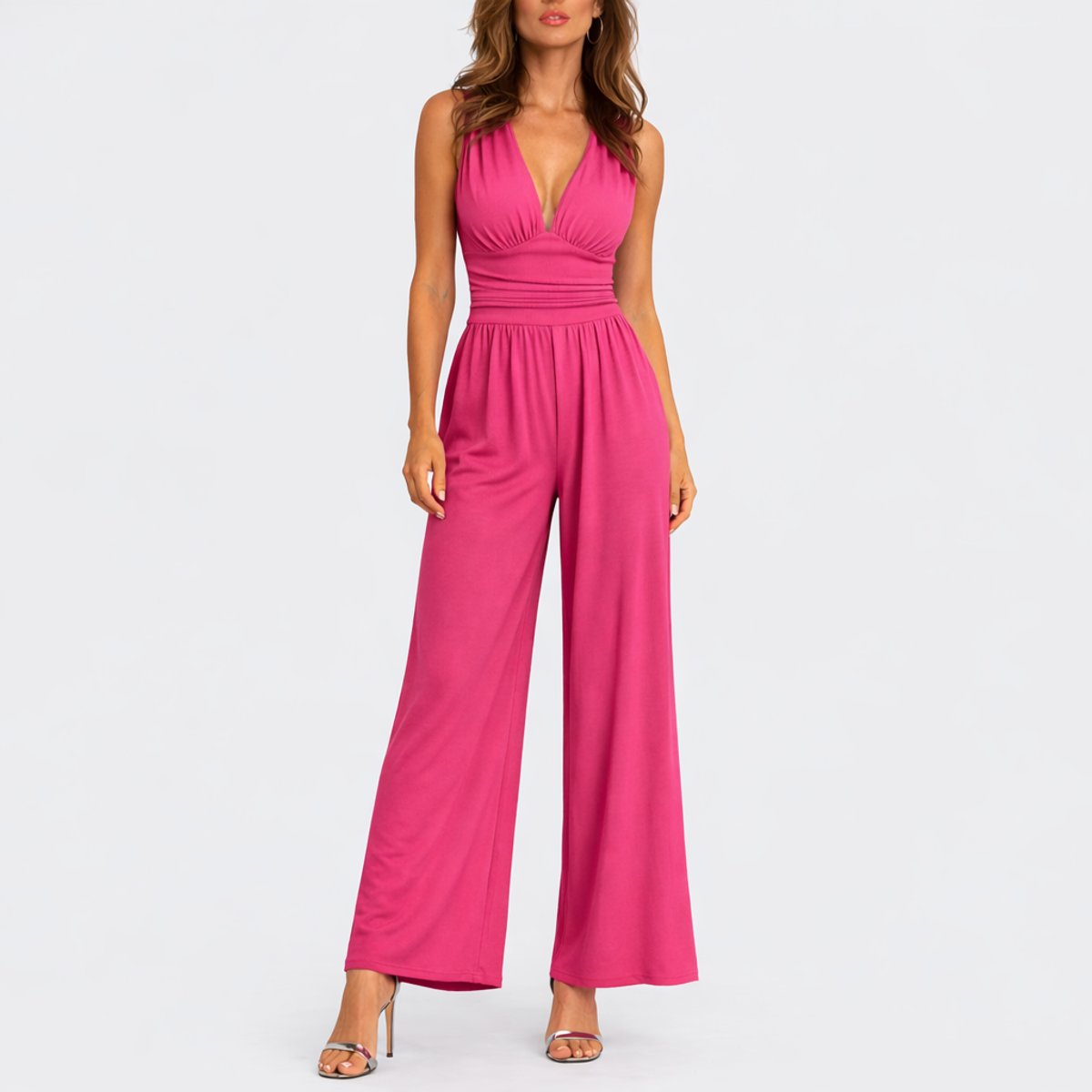 Women's Plunging Deep V Ruched Waist Wide-Leg Jumpsuit