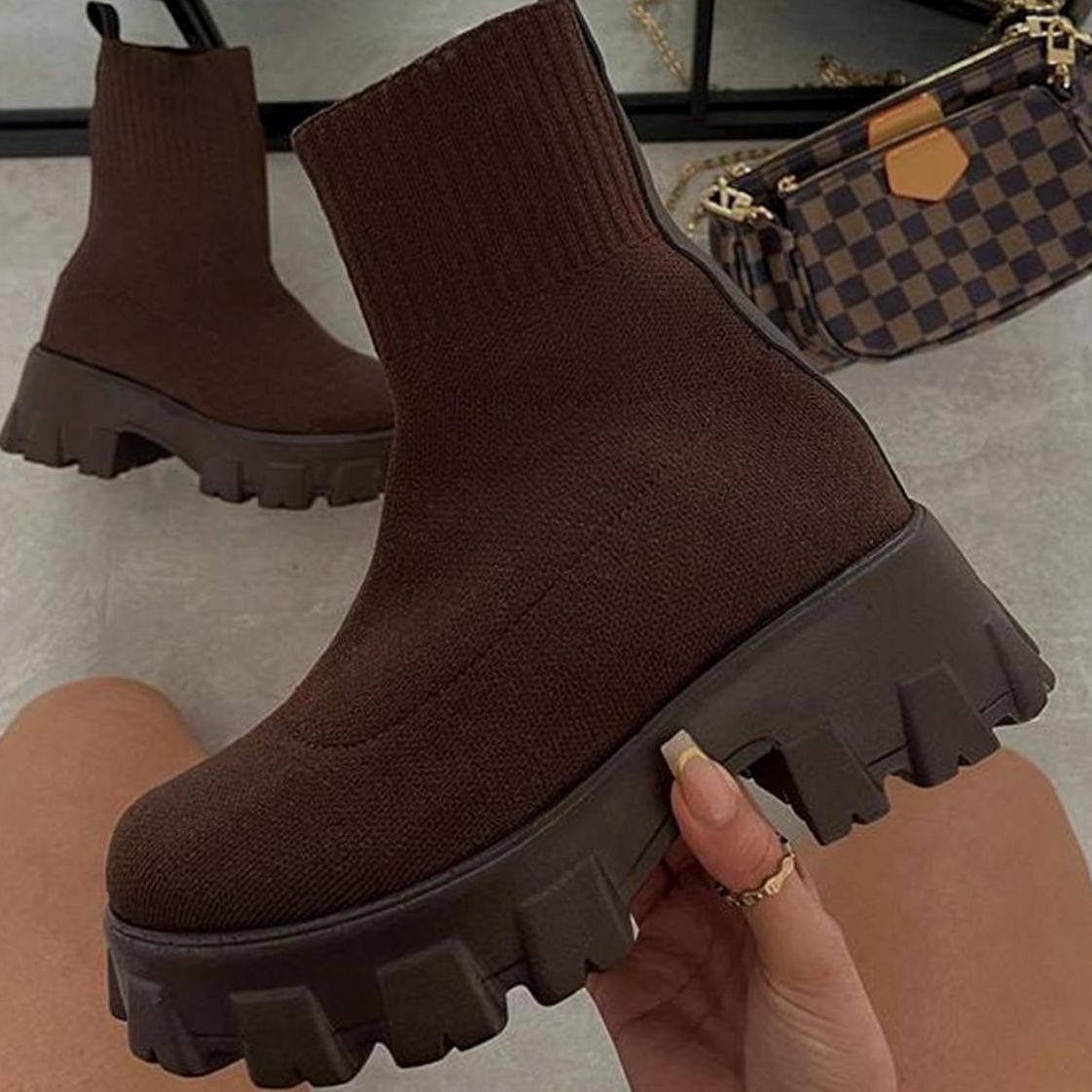 Women's Lug Sole Stretch Knit Pull-On Sock Booties
