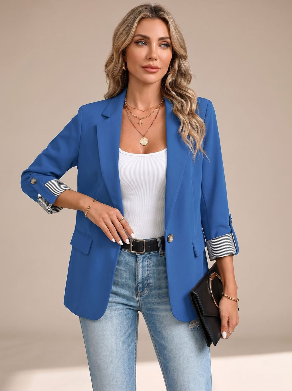 Women's Relaxed Blazer with Striped Rolled Cuffs