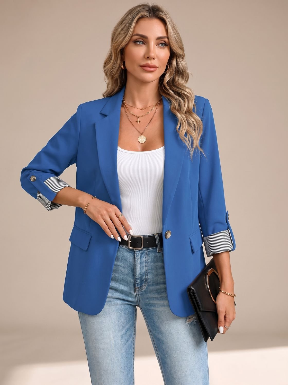 Women's Relaxed Blazer with Striped Rolled Cuffs