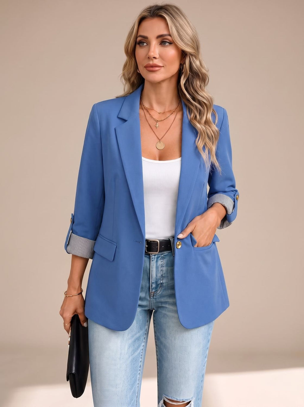 Women's Relaxed Blazer with Striped Rolled Cuffs