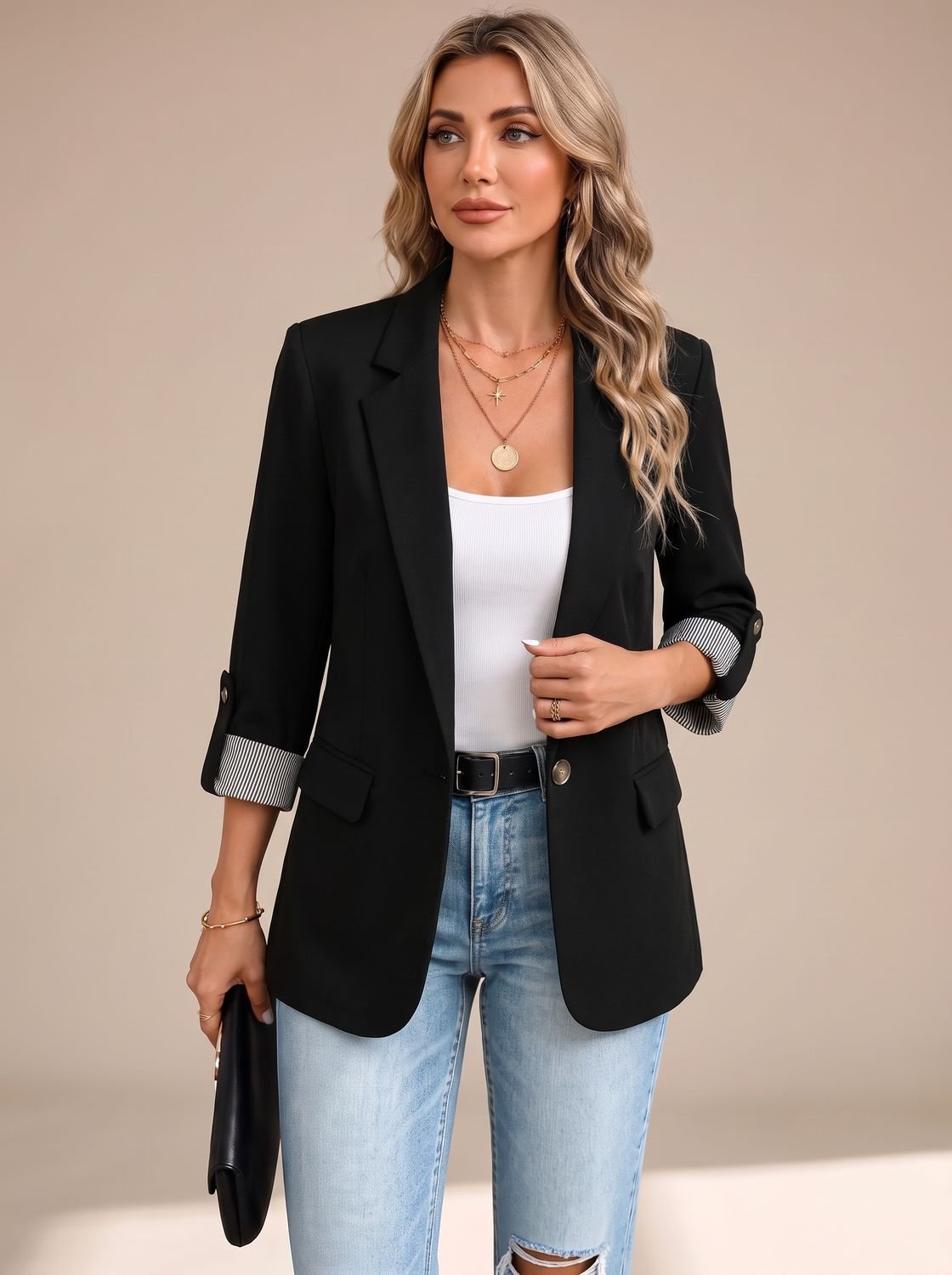 Women's Relaxed Blazer with Striped Rolled Cuffs