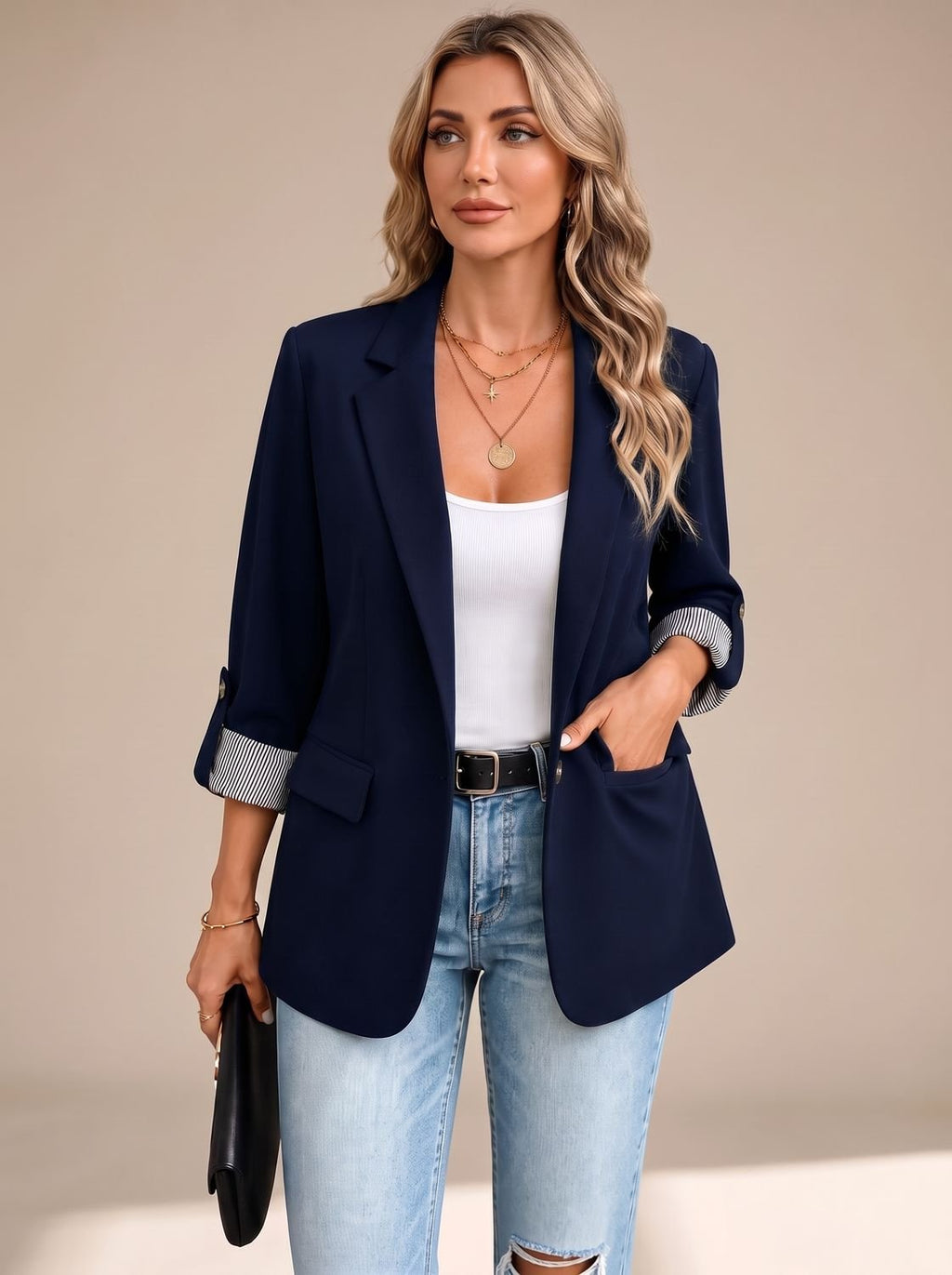 Women's Relaxed Blazer with Striped Rolled Cuffs