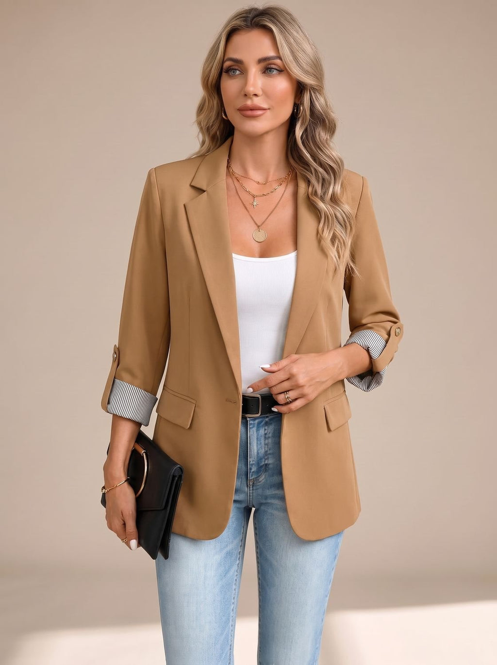 Women's Relaxed Blazer with Striped Rolled Cuffs