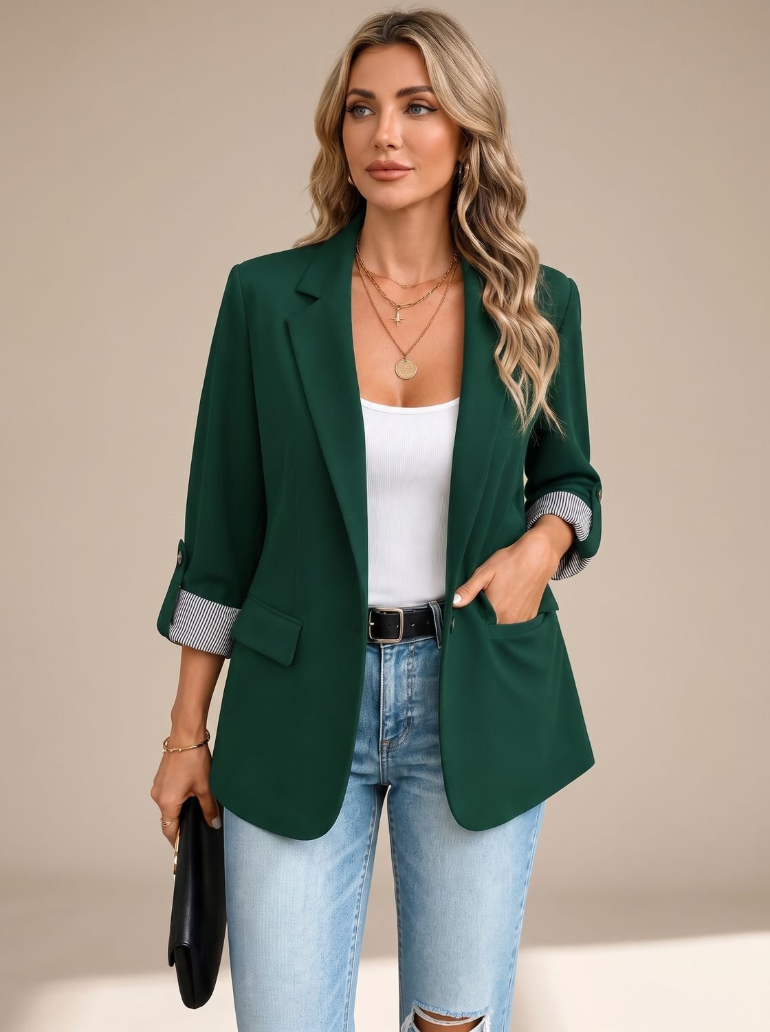 Women's Relaxed Blazer with Striped Rolled Cuffs