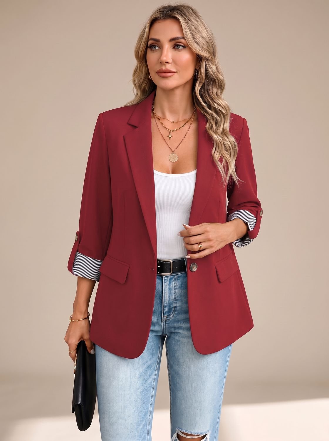 Women's Relaxed Blazer with Striped Rolled Cuffs