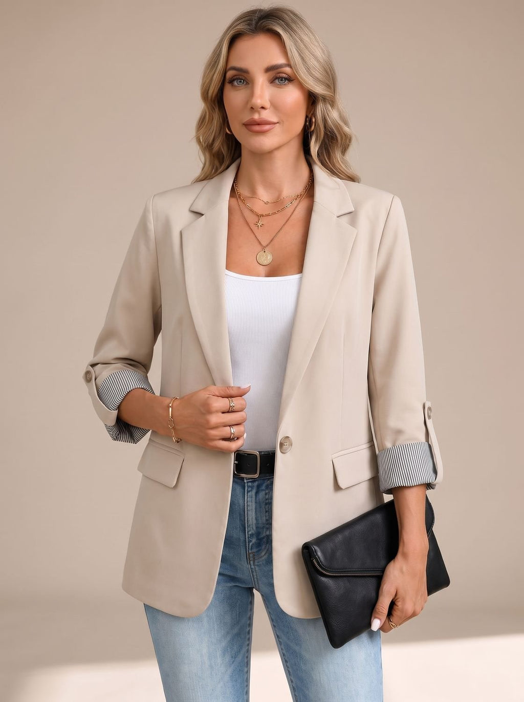 Women's Relaxed Blazer with Striped Rolled Cuffs