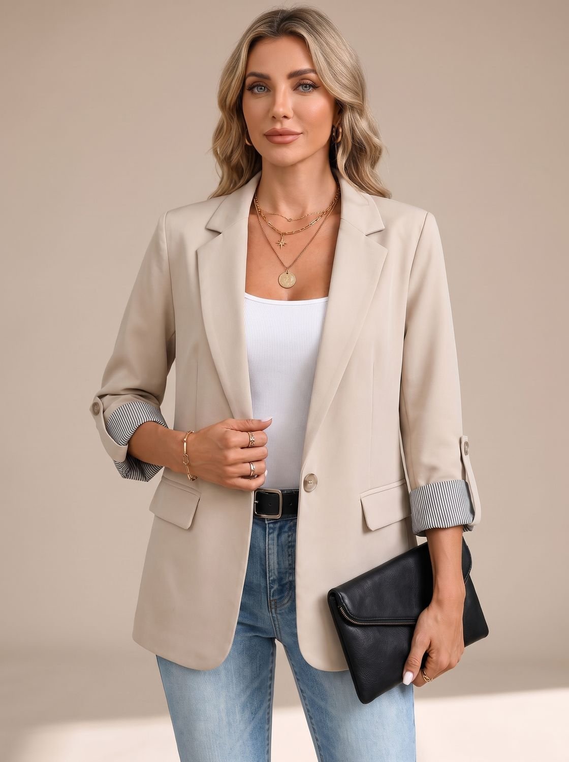 Women's Relaxed Blazer with Striped Rolled Cuffs