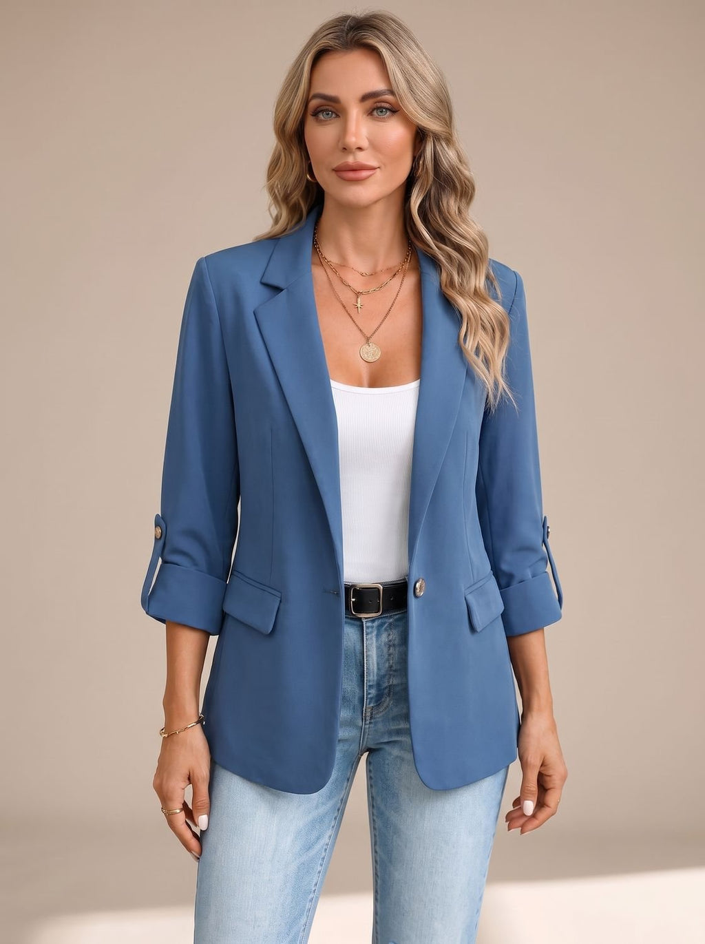 Women's Relaxed Blazer with Striped Rolled Cuffs