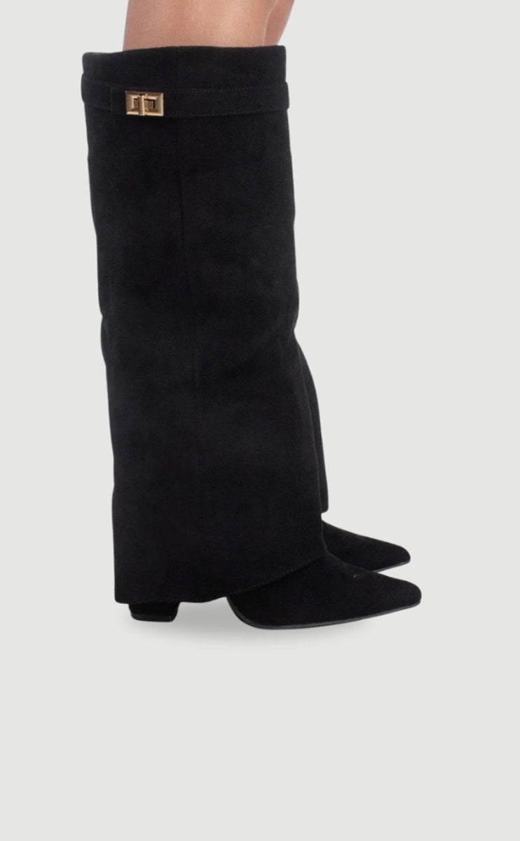 Women's Fold-Over Cuff Suede Tall Boots with Clasp