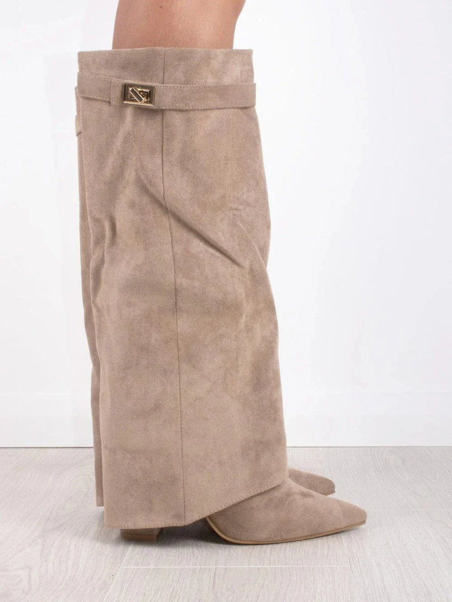 Women's Fold-Over Cuff Suede Tall Boots with Clasp