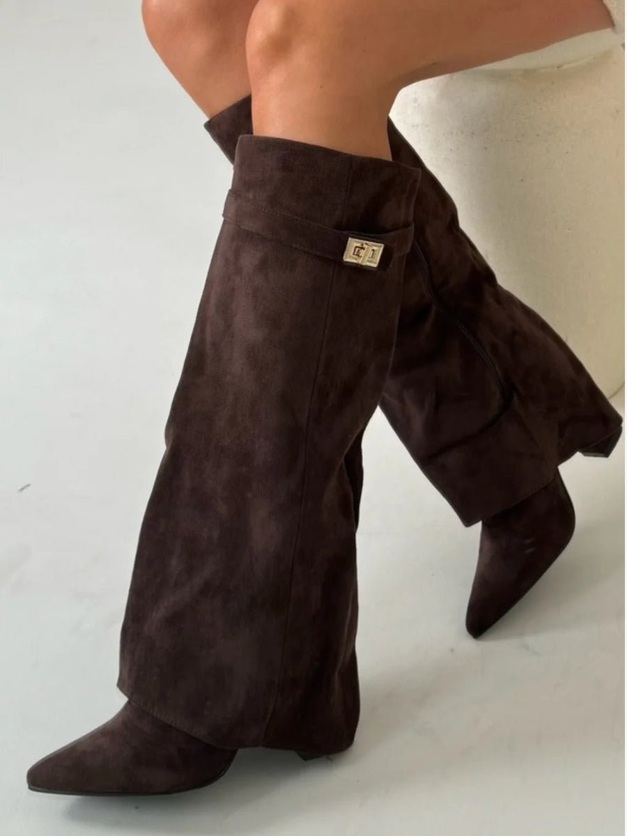 Women's Fold-Over Cuff Suede Tall Boots with Clasp
