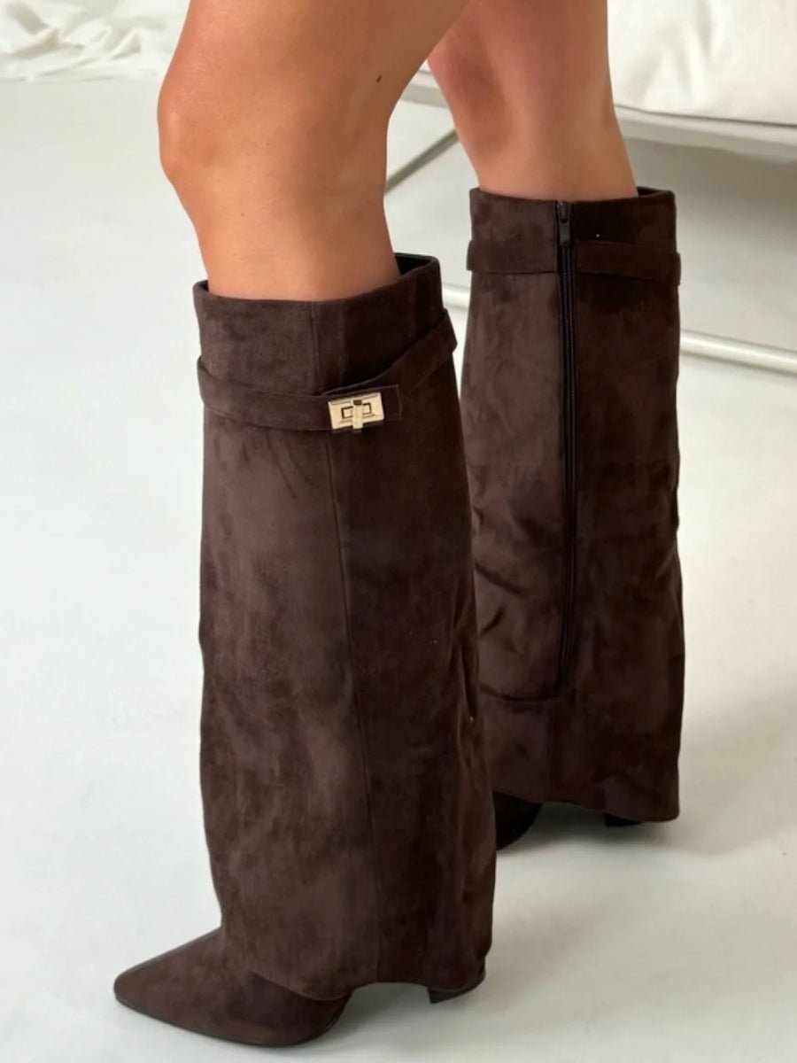 Women's Fold-Over Cuff Suede Tall Boots with Clasp