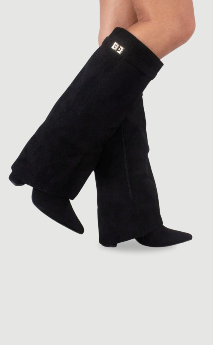 Women's Fold-Over Cuff Suede Tall Boots with Clasp