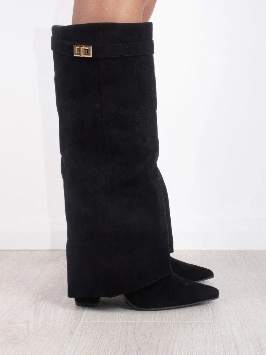 Women's Fold-Over Cuff Suede Tall Boots with Clasp