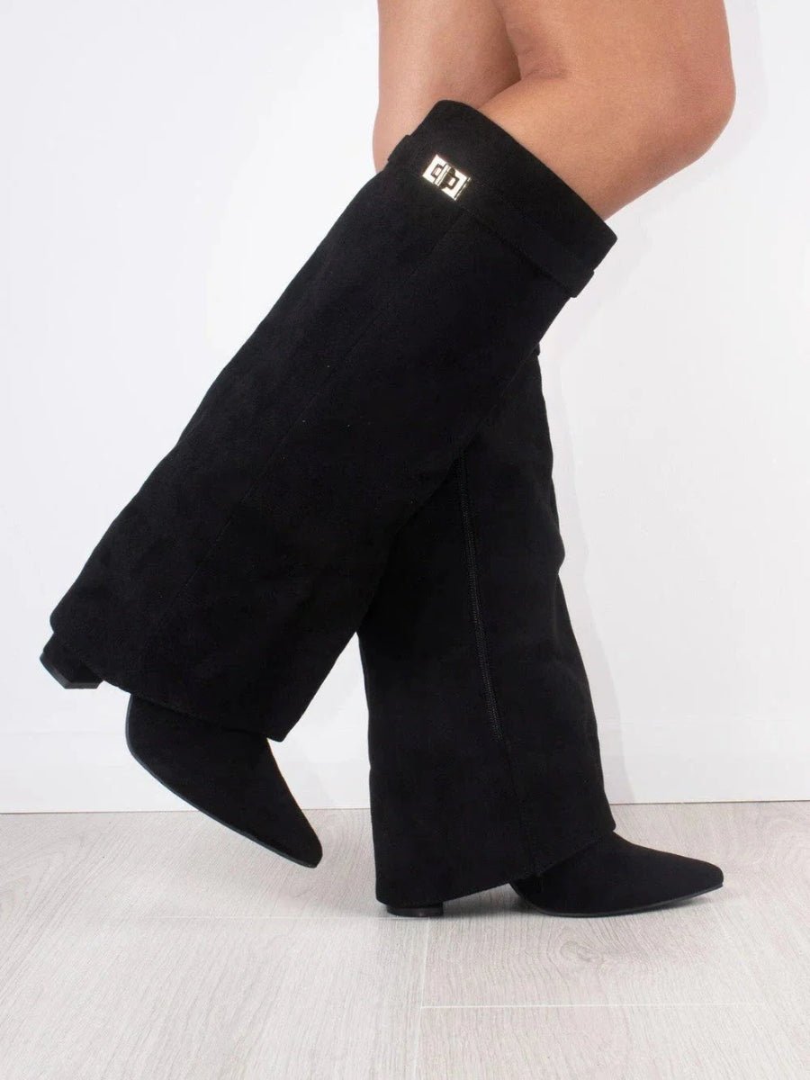 Women's Fold-Over Cuff Suede Tall Boots with Clasp