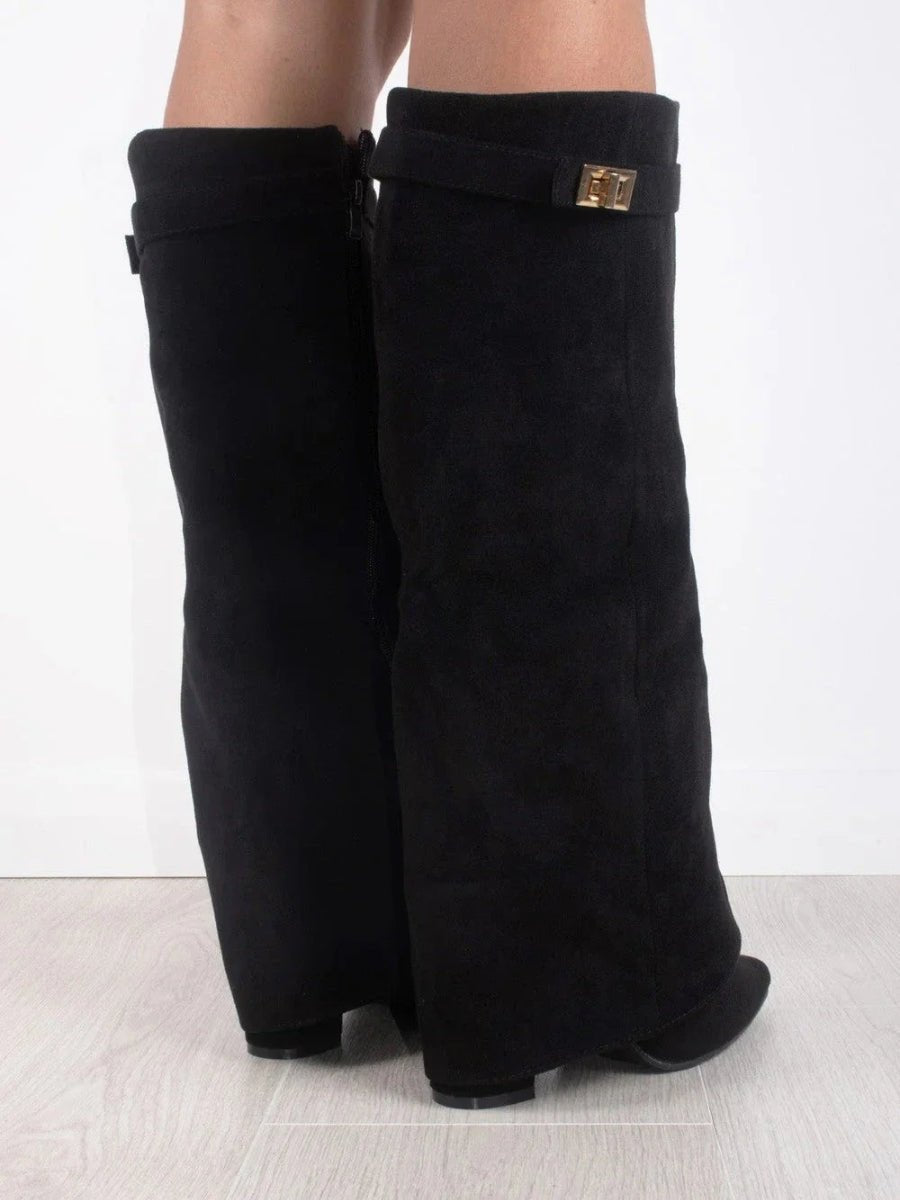 Women's Fold-Over Cuff Suede Tall Boots with Clasp
