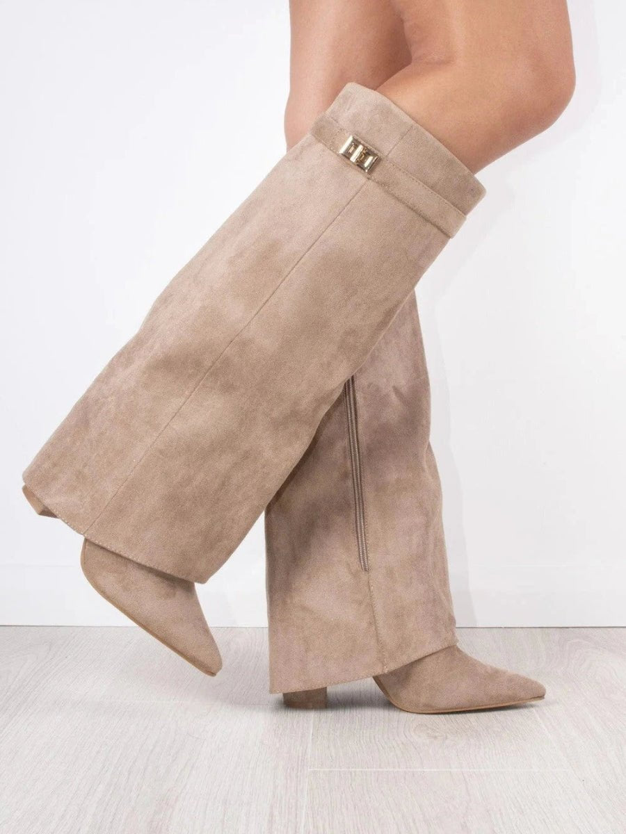 Women's Fold-Over Cuff Suede Tall Boots with Clasp