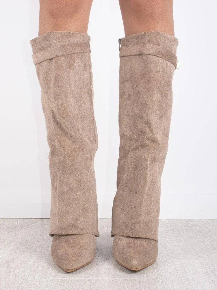 Women's Fold-Over Cuff Suede Tall Boots with Clasp
