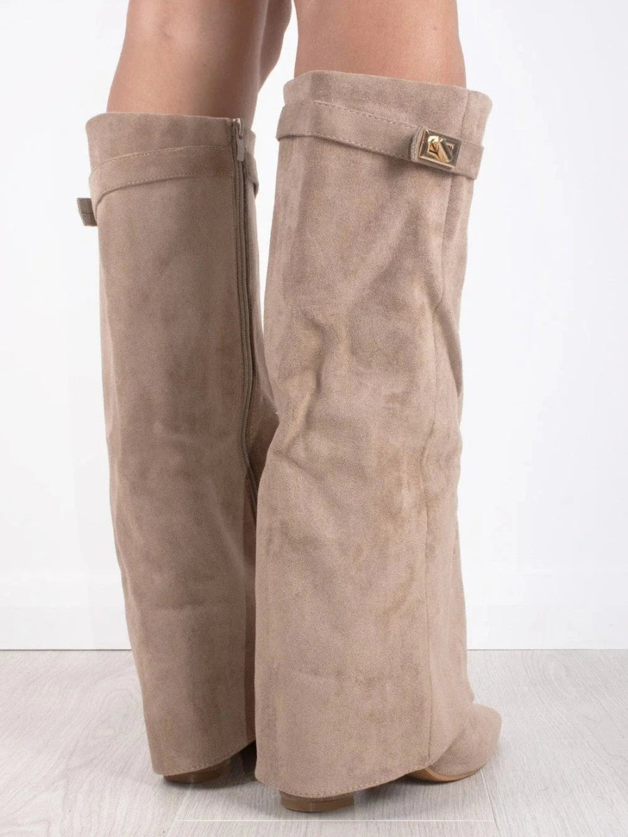 Women's Fold-Over Cuff Suede Tall Boots with Clasp
