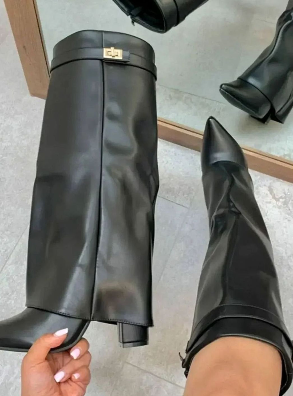 Women's Pointed Toe Suede Buckle Knee-High Boots with Cuff