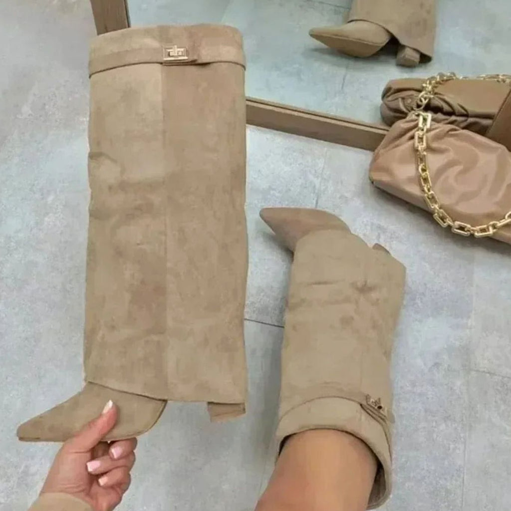 Women's Pointed Toe Suede Buckle Knee-High Boots with Cuff