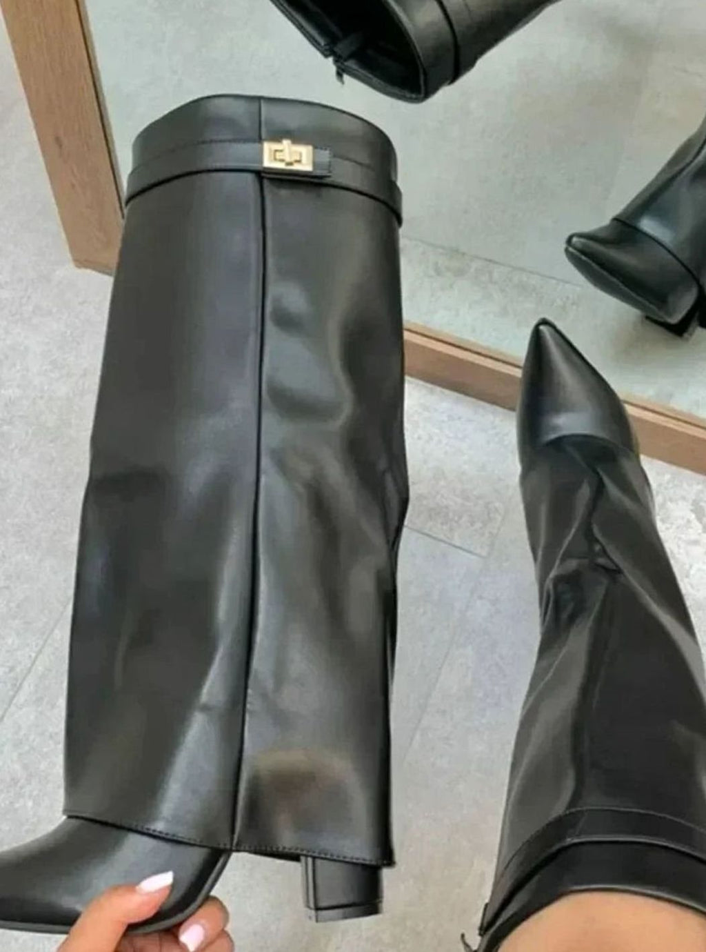 Women's Pointed Toe Suede Buckle Knee-High Boots with Cuff