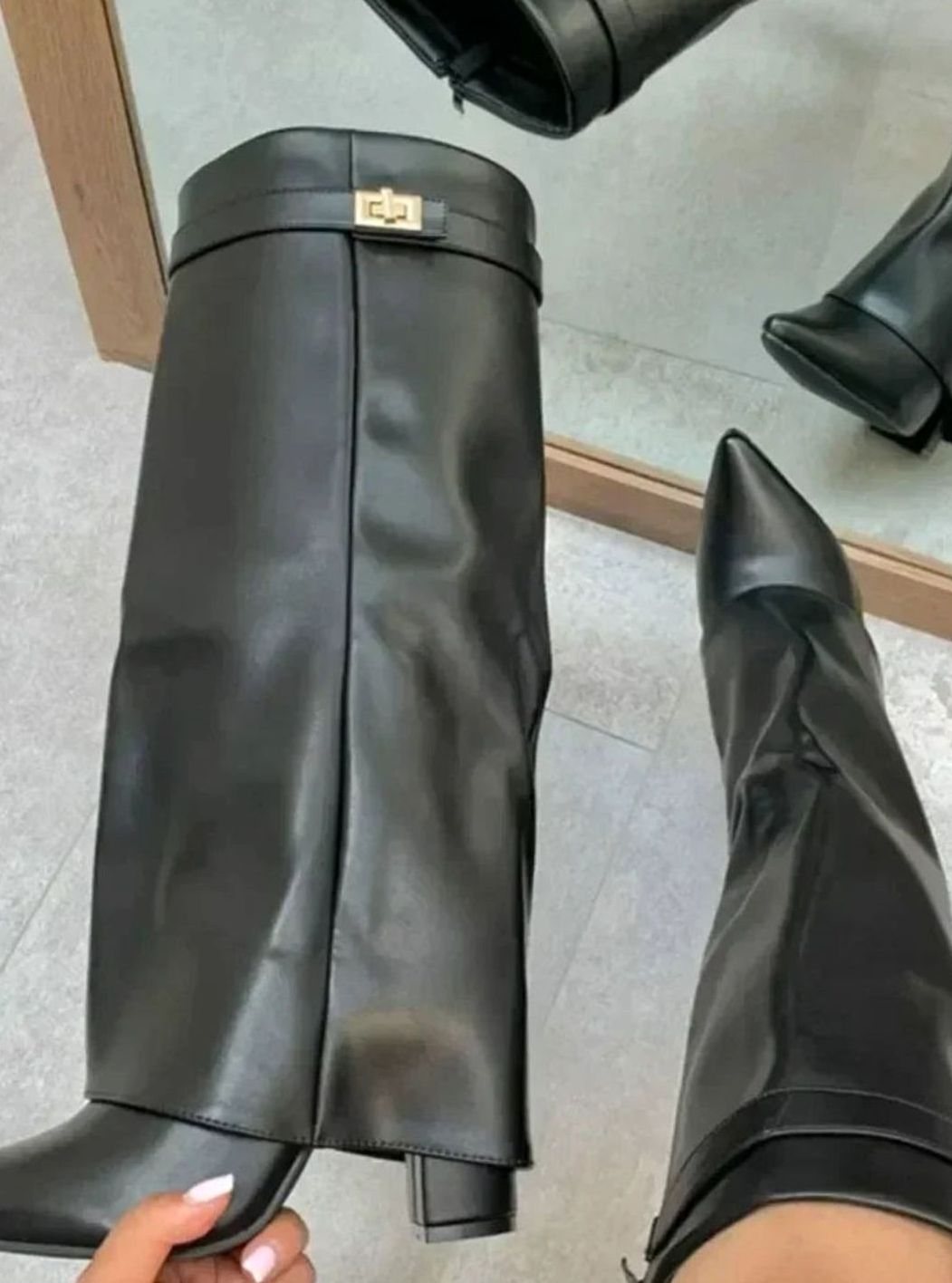 Women's Pointed Toe Suede Buckle Knee-High Boots with Cuff